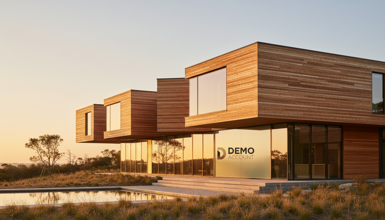 A stunning, wide-angle realistic photograph of a modern architectural building featuring beautiful, high-quality timber cladding. The lighting is golden hour, highlighting the texture and warm tones of the wood. The design is sleek and contemporary. Aspect ratio: 16:9.