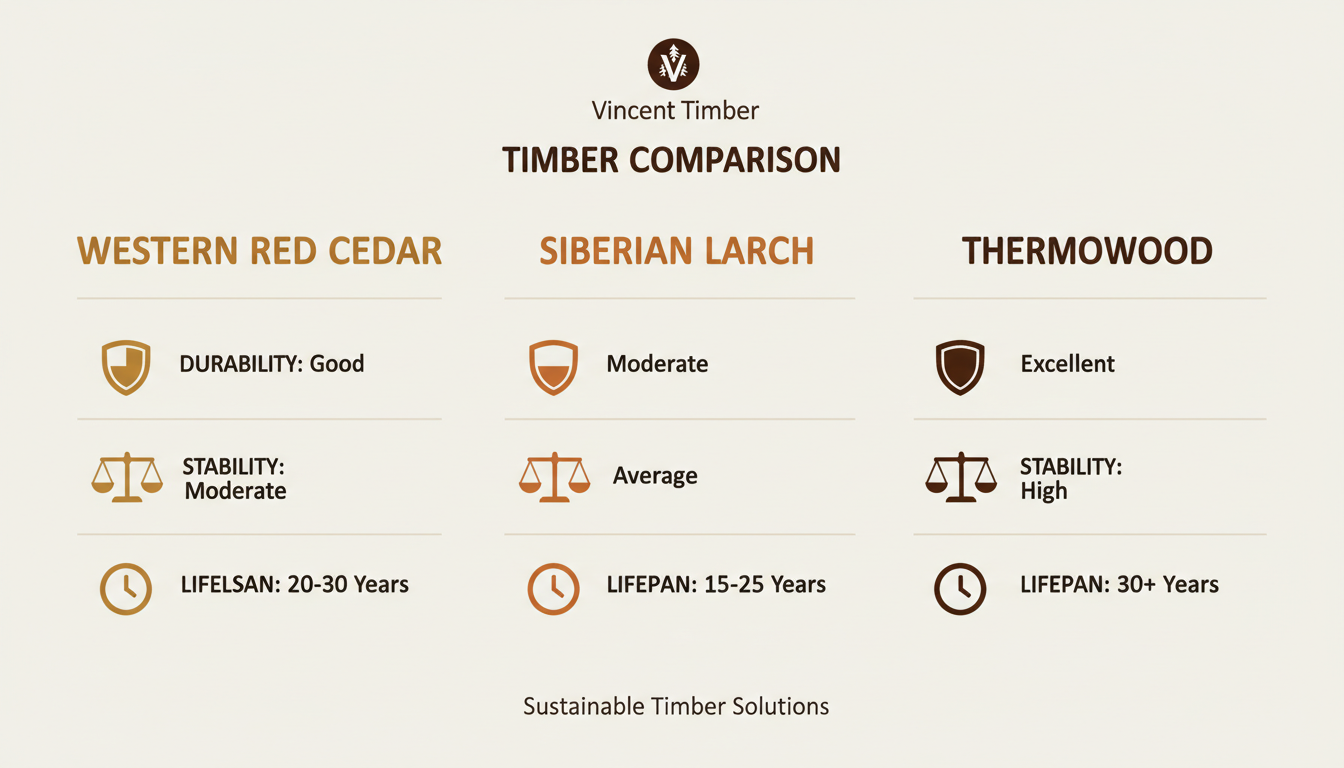A clean, professional infographic comparing three types of timber: Cedar, Larch, and Thermowood. Use icons to represent durability, stability, and lifespan for each. Use the brand colors for a cohesive look. Aspect ratio: 1:1.