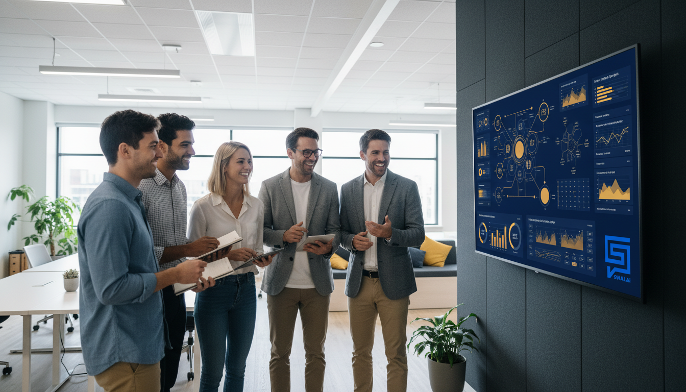 A realistic photograph of a diverse team of marketing professionals in a bright, modern office, collaboratively discussing strategy around a large screen displaying insightful charts and graphs. The atmosphere is positive, engaged, and forward-thinking. Aspect ratio: 16:9.