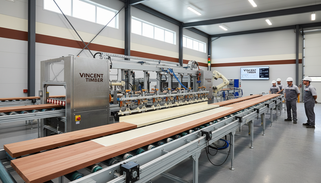 A detailed, realistic shot inside a clean, well-lit timber production facility. A machine is precisely applying a consistent coating to long planks of timber cladding. The focus is on the quality and precision of the factory-coating process. Aspect ratio: 4:3.