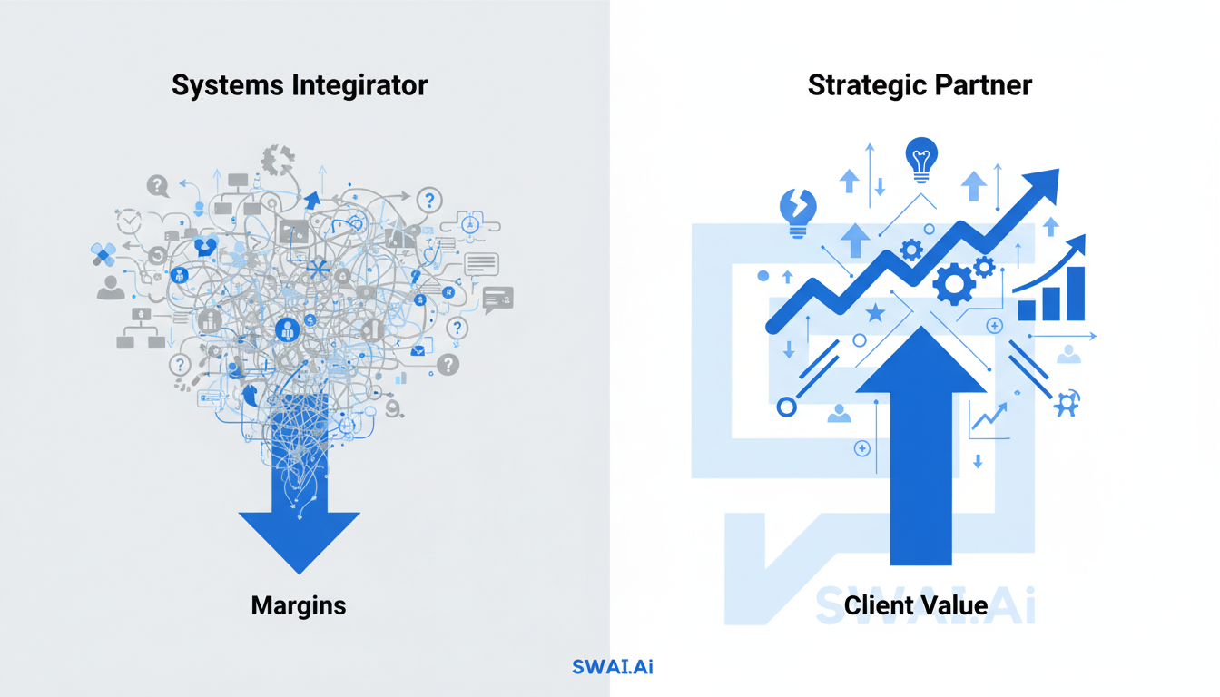 A clean, modern split-screen infographic comparing a 'Systems Integrator' to a 'Strategic Partner'. The left side shows tangled icons and a downward arrow labeled 'Margins'. The right side shows icons for strategy and growth with an upward arrow labeled 'Client Value'. Aspect ratio: 1:1.
