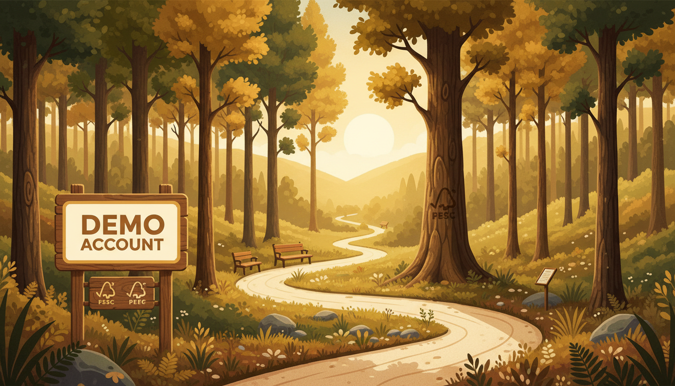 A stylized, hopeful illustration of a sustainably managed forest with FSC and PEFC certification logos subtly integrated. The style is modern and clean, conveying a message of environmental responsibility and long-term commitment. Aspect ratio: 16:9.
