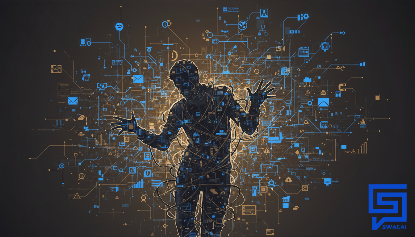 An abstract illustration depicting a frustrated agency owner entangled in a complex web of wires and glowing software icons, representing the 'Systems Integrator' trap. The overall mood should feel overwhelming and complex. Use a professional, modern art style. Aspect ratio: 16:9.